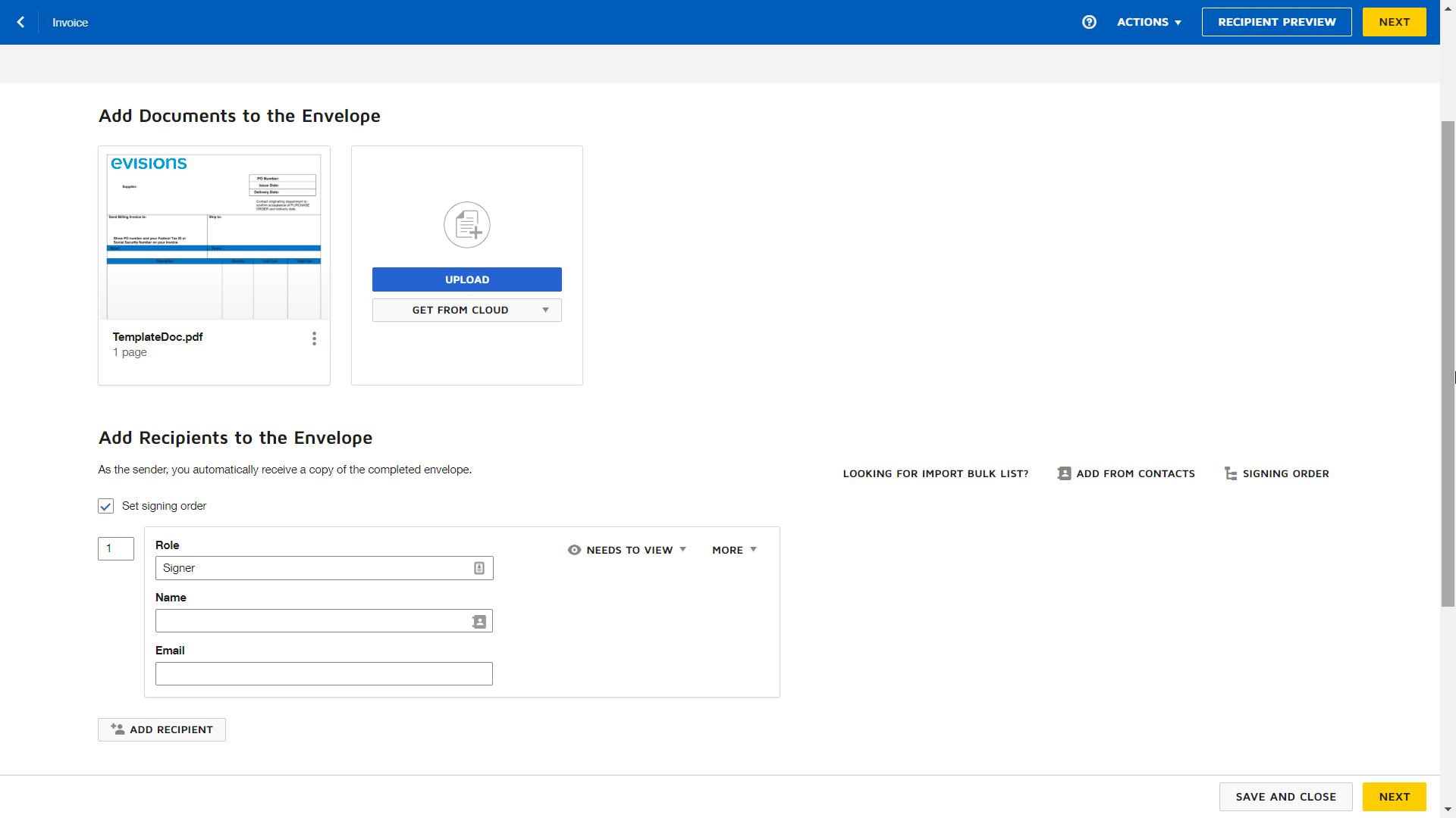 Edit Recipients screen in DocuSign showing the role, name, and email fields, action dropdown, and button to add additional recipients.